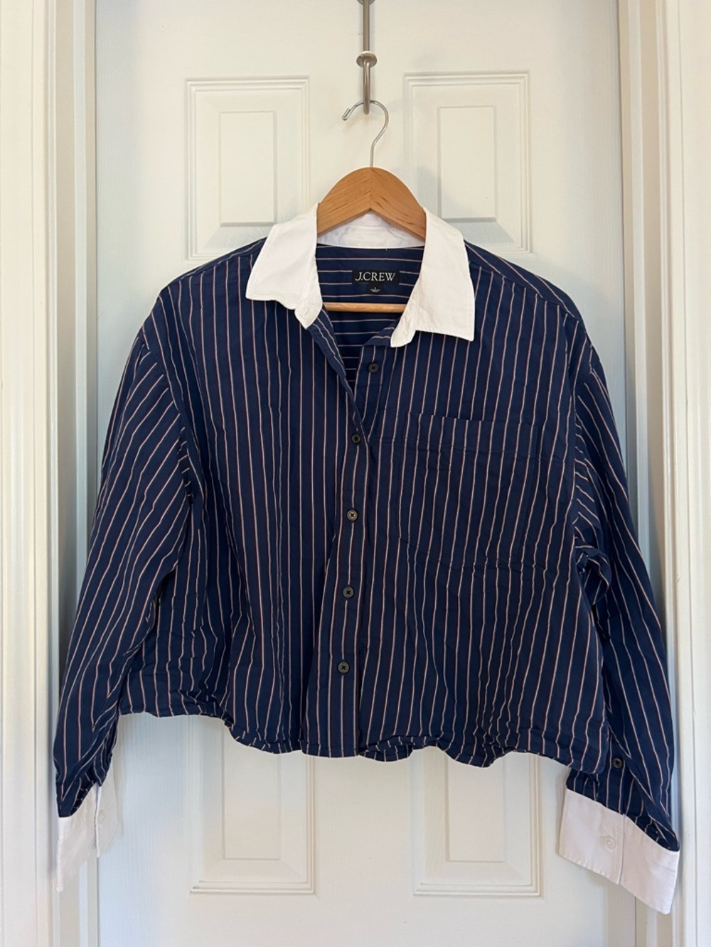 J. Crew Navy Button-Up with White Collar and Pink Pinstripes